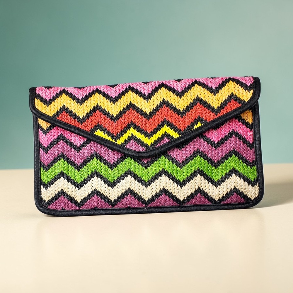 Multicolor‎ Chevron Woven Straw Envelope Clutch Bag Summer Beach Boho Zig Zag